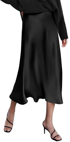 Zeagoo Womens Long Satin Fall Winter Skirt Silk Elegant High Waist Cocktail Party Wedding Flared A-Line Midi Skirts Black XXL
