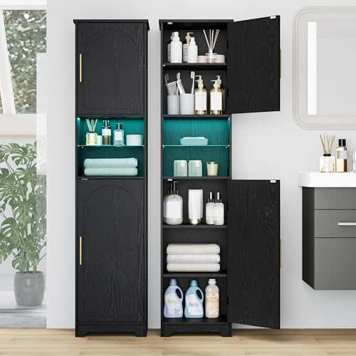Hzuaneri Meuble Salle de Bain, Haute Meuble de Rangement avec Éclairage, Armoire sur Pied avec 4 Porte, Étagères Réglables, Compartiment, pour Salon, Salle de Bain 30 x 40 x 170 cm Noir SC28204X