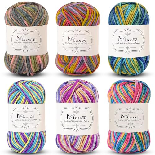 Maxee Handstrickgarn, 6x50 g Häkelgarn, Bunt Farbverlauf Acrylgarn zum Stricken, Weicher Wolle zum Häkeln, Mehrfarbiges Garn zum Stricken Häkeln und Basteln