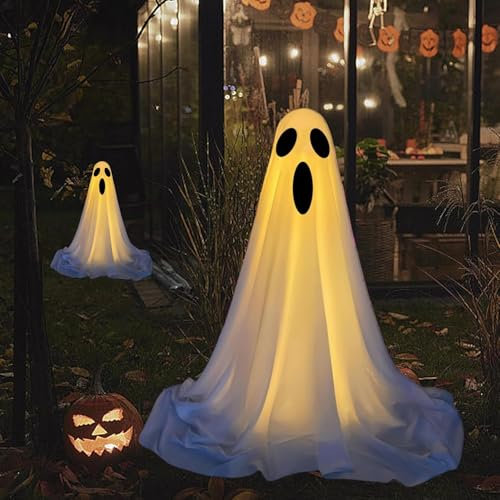 Decoración de Halloween al aire libre, fantasma de luz, 165 cm, pie iluminado, fantasmas blancos para patio, porche, césped, casa, fiesta