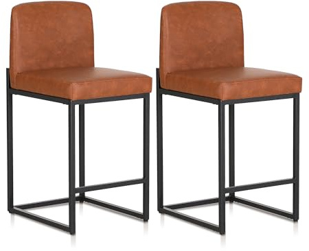 ALPHA HOME Barhocker 2er Set mit Lehne Pu-Leder Küchenhocker, Braun | Barstuhl 2er Set mit Fußstütze für Küche, Esszimmer, Hausbar, Stabiler Metallstahlrahmen