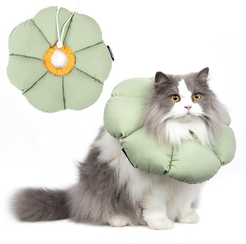 THKOFPET Katzenhalskrause, Einstellbarer Katzenkegel, Weiches Blumen Katzenhalsband, für Katzen und kleine Hunde, Nach Operation und Verletzungen, Grüner, L