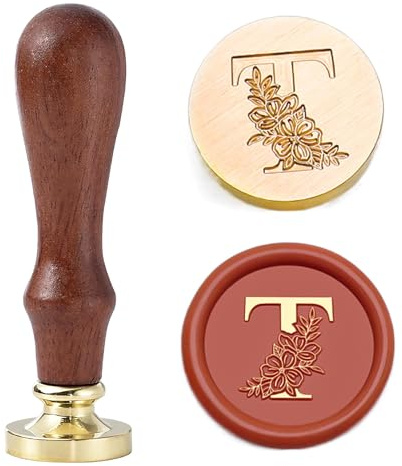 Statice Buchstabe T Wachssiegelstempel - Initial Siegelwachsstempel mit Blume, 25mm/0,98 Zoll Messing Alphabet Grafikstempel für Umschläge, Einladungen oder Valentinstagsgeschenke