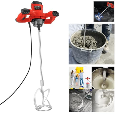 Rührwerk für Beton und Mörtel, Reines Kupfer Motor - 2600 W, 220-240 V, 6 Stufig, 1700 U/min; Rührgerät, Rührwerkmischer, Mörtelrührer, Betonrührer, Handmischer, Farbrührer (Rotes Rührwerk)