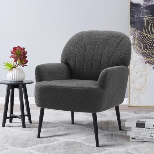 IWMH Armchair for Living Room, Teddy Fluffy Fabric Accent Chair for Bedroom, Reading TubChair Comfy Big Mid Century Occasional Chair, Metal Legs (Grey)