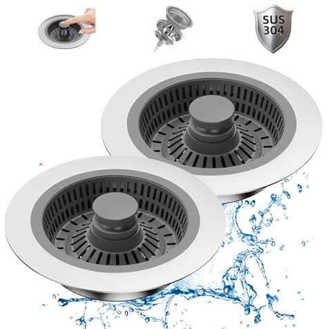 Lot de 2 bouchons de vidange et filtre d'évier de cuisine pop-up 3 en 1 en acier inoxydable pour drains standard, dispositif de protection idéal pour l'évier de cuisine