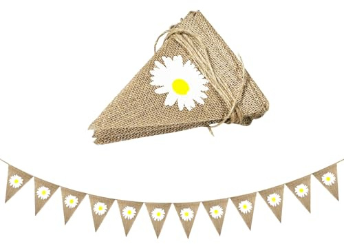 Bliceon Gänseblümchen-Banner, 12 Stück Jute-Dreieck-Wimpelkette für Hochzeiten, Geburtstage und Babypartys, dekorative Blumen-Girlande aus Sackleinen