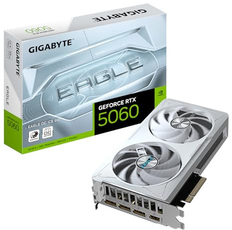 Gigabyte GeForce RTX 5060 Eagle OC Ice 8G Tarjeta Gráfica - 8GB GDDR7, 128bit, PCI-E 5.0, 2550 MHz Frecuencia del núcleo, 3 x DisplayPort, 1 x HDMI, GV-N5060EAGLEOC ICE-8GD
