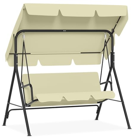 UISEBRT Hollywoodschaukel 3 Sitzer,Gartenchaukel mit Verstellbares Sonnendach,Schaukelbank bis 200kg Belastbar,Gartenliege Wetterfest Outdoor & Indoor,176x110x152cm,Beige