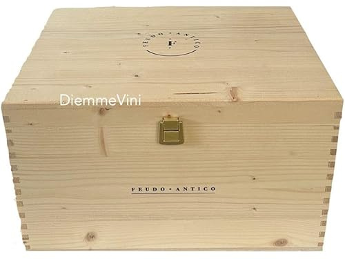 Generico Cassa in Legno per 6 Bottiglie da Vino Feudo Antico, 33x26x19 cm, Pino Massiccio con Coperchio e Chiusura in Ottone, Marchio a Fuoco