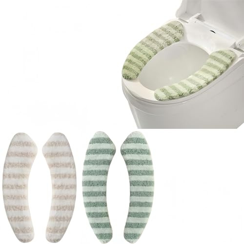 Washable Warm Toilet Seat Cover Pads (2-Pack) with Hygienic Lid Lifters, Azragon Plush Reusable Cushion Mats for Winter, Universal Fit Sticky Anti-Slip Design for Bathroom (Beige& Green)