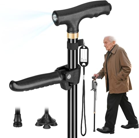 Bastón ajustable con doble asa, para hombres y mujeres mayores, con cuatro patas giratorias y base individual con tabla antiperdedores