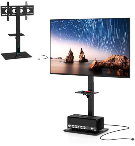 SOARS Support TV sur Pied pour Télévisoin 32-70 Pouces, Pied TV Réglable en Hauteur à 7 Niveaux, Charge 50 KG, VESA Max 600 X 400 MM, avec Prise Intégrée, Étagère, pour Télé Plat/Incurvés