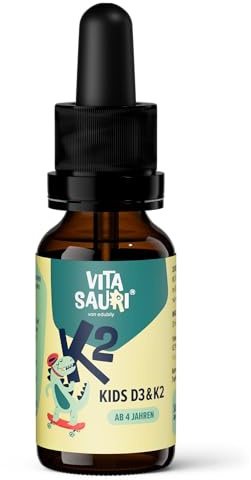 Vitasauri® Kids D3 & K2 ab 4 Jahren - Vitamin D3 K2 Kinder Tropfen - Vitamin D aus hochwertigem Cholecalciferol - Vitamin K2 in der aktiven MK7-Form - 200 I.E. D3 pro Tropfen (20 ml)