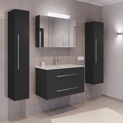 Lomadox Badezimmermöbel Badmöbel Set 2-teilig, Waschtisch Waschplatz 90cm breit mit Waschbecken, 2 Softclose-Schubladen und LED Spiegel, in grau