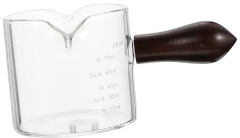 MUCKLILY Double Spout Measuring Cup Wooden Handle 250ml Glass Espresso Cup Milk Jug for Coffee Preparation