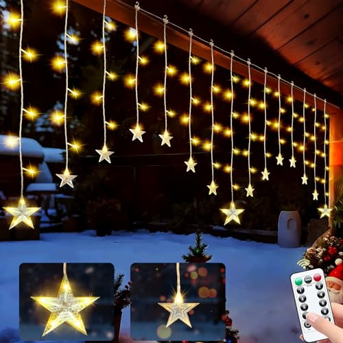 Lichterkette Innen Sterne Weihnachtsdeko Fenster 108LEDs mit 15 Sternen,Lichtervorhang 2x1m, Sternenvorhang Lichterkette Vorhang mit 8Modi&Timer Weihnachtsbeleuchtung Außen für Party, Balkon[Warmweiß]
