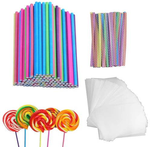 SAMANTHAHALLLTD Lot de 300 bâtonnets à gâteau avec tiges à cake pop, sachets à bonbons et attaches torsadées, réutilisables, multicolores et emballages transparents, pour chocolat