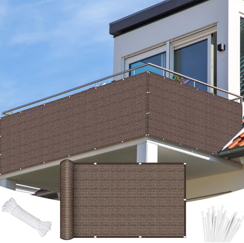 Balkonbespannung Sichtschutz 100 x 560 cm Blickdichte Windschutz Und Uv-Schutz mit Kabelbinder Sonnenschutz Netz, Balkonverkleidung mit Seil für Gartenanlagen, Camping, Braun