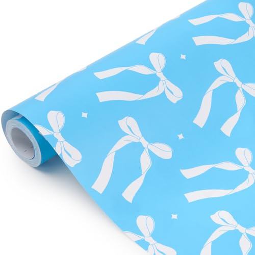 Kraft-presentpapper rulle: Blå rosett omslagspapper återvinningsbart papper för jul födelsedag bröllop fest presentförpackning - 43 cm x 10 m