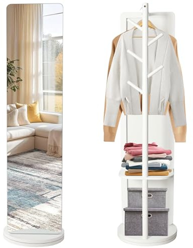 Specchio da Terra con Appendiabiti, Specchio Figura Intera 164 x 40cm, Specchiera Autoportante Girevole a 360°, Legno e Vetro Temperato, per Camera da Letto Soggiorno Guardaroba (Bianco）