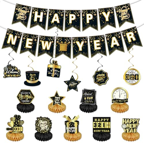 23 Pcs New Years Decorations Set - Black and Gold Happy New Year Banner, Hanging Swirls and Table Decorations Honeycomb Centerpieces for 2026 New Years Eve Party Supplies