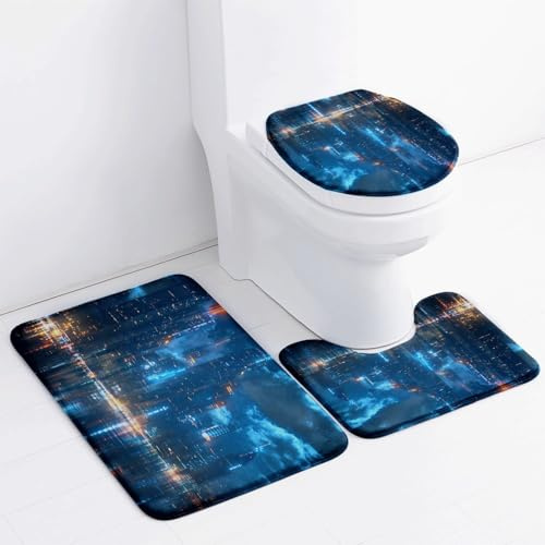 Tappeto Bagno Edificio Blu Tappeti Bagno Set 3 Pezzi Antiscivolo Contorno WC Tappetino Assorbente Doccia Lavabile Copertura per Il Coperchio del WC 45x75 cm
