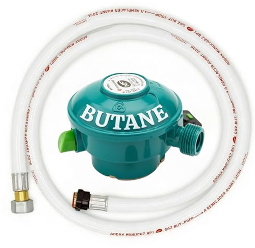 Générique Détendeur Quick-on Butane 28 mbar – Compatible Twiny (Primagaz), Elfi (Butagaz), Malice & Calypso (Antargaz) – Non Compatible Cube/Viséo/Propane (Détendeur + Flexible à vis, 2, Kit)