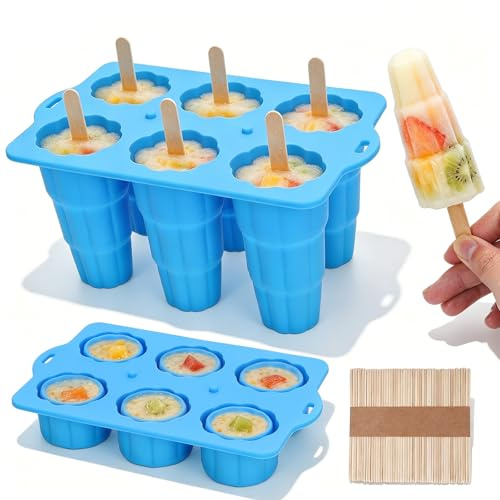 MizzyTots 6-teiliges Silikon-Eisformen-Set mit Stielen, große, faltbare Eiscremeform in Wolkenform, BPA-freies, wiederverwendbares Eisformen-Set mit Deckel und 50 Holz-Eisstielen, Eis am Stiel-Maker