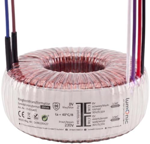 Lumonic trasformatore toroidale 200VA 2x30V per sistemi audio, industriali, alogeni e a binario - tensione di ingresso 230V - tensione secondaria 60V - modello RTO-826042