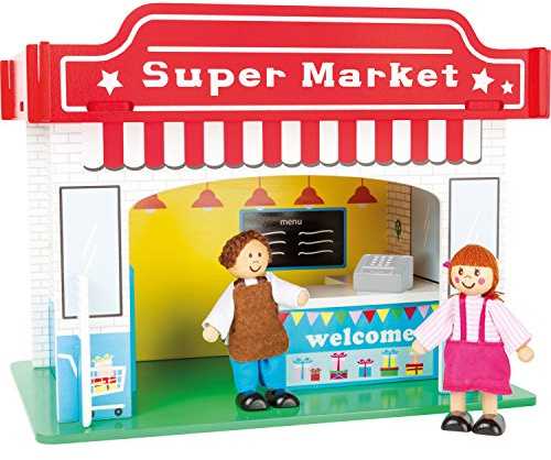 small foot 10853 Spielhaus Supermarkt aus Holz, mit 2 Puppenfiguren, Zubehör und abnehmbarem Dach, ab 3 Jahren