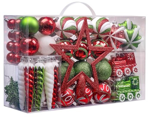 Valery Madelyn Christmas Ornaments Set, 100ct Red Green White Shatterproof Christmas Tree Decorations Variety Ball Ornaments Bulk, Whimsical Hanging Ornaments for Xmas Trees Holiday Party Decor