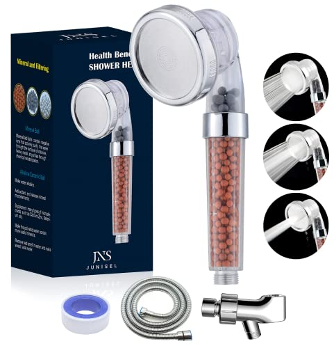 Junisel Pommeau de douche ionique haute pression avec tuyau et support, boules minérales filtrantes pour la santé de la peau et des cheveux, pommeau de douche à économie d'eau, 3 modes de douche pour