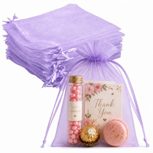 Jexila 100 bolsas de organza lavanda de 5 x 7 pulgadas con bolsas de cordón, pequeñas bolsas de regalo de malla para joyas, bodas, cumpleaños, baby shower, fiestas (lila)