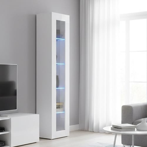 Dmora Säulenvitrine mit Glastür, Made in Italy, mit blauem LED-Licht, Sideboard mit Regalen, Wohnzimmervitrine, 40x30h180 cm, glänzend weiße Farbe