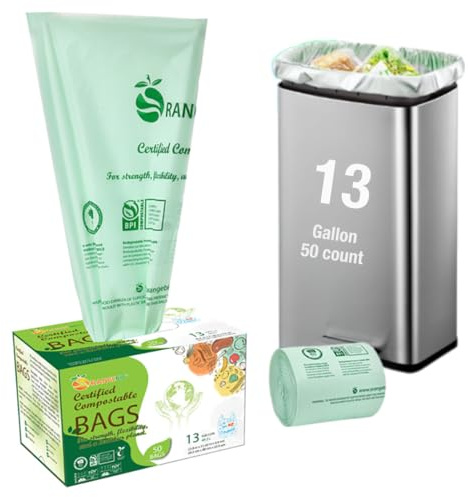 OrangeBio 13 Gallon Compostable Trash Bags, 50 Count, 0.9 Mil Extra Thick Tall Kitchen Bags for Food Waste & Compost, BPI ASTM D6400 & OK Compost Home Certified