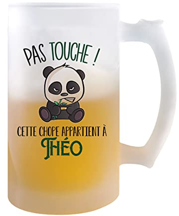 Planetee Chope de bière prénom Théo avec panda mignon et grognon | Verre à bière pinte Cadeau Apéro Humour alcool