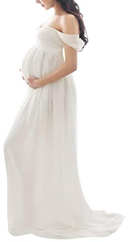 Tomwell Robe Grossesse Femme Jupe Longue en Mousseline de Soie Maternité Photographie Robe Couleur Unie Élégant Shooting Photo Maxi Robes