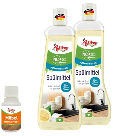 POLIBOY NCP Spülmittel lemon - Fettlösendes Geschirrspülmittel zur Reinigung von Kochzubehör - 2x 500 ml - Mit Produktprobe - Made in Germany