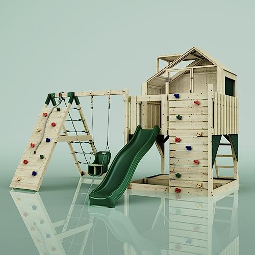 Rebo Outdoor Spielturm mit Wellenrutsche | Spielhaus aus Holz mit Kinderschaukel, Kletterwand, Kletternetz | Stabile Konstruktion, Weiches Gefühl in den Seilen
