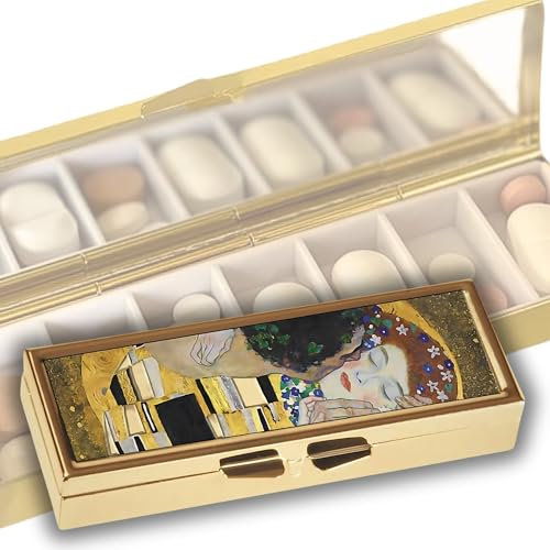 Kleine Pillendose für 7 Tage FridolinEdition - Metall - Maße: ca. 10,1 × 3,5 × 1,7cm, innen mit Spiegel - Motiv: Gutav Klimt - Der Kuss
