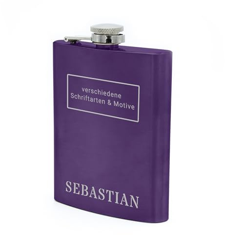 Flachmann mit Namens Gravur, Edelstahl, individuelle Geschenkidee zur Hochzeit, zum Geburtstag oder mehr! (violett)