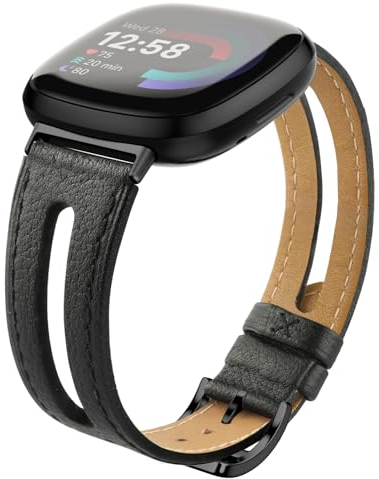 Tuocal Leder Armband Kompatibel für Fitbit Versa 4 / Versa 3 Armband/Sense Lederarmband, Schlankes Weiches Echtleder Ersatzband Kompatibel mit Fitbit Versa 4 / Versa 3 / Sense Damen Herren, Schwarz