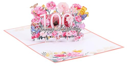 PATIKIL 100 Anni Cartolina di Compleanno a Scomparsa Regalo Carta Divertente Buon Compleanno Bouquet di Fiori 3D Farfalle Dolce con Cartolina Auguri e Busta per Regalo Donna Rosa