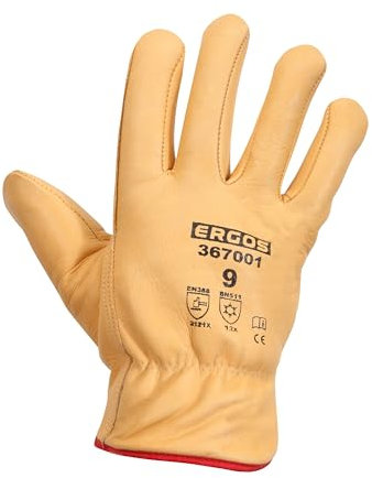 Ergos Gants de Travail En Cuir Fleur De Bovin | 6 Paires | Protège Contre Les Risques Thermiques Froids & Mécaniques | Doublure Fourrée | Taille 9-11 | Naturel | Certifié CE