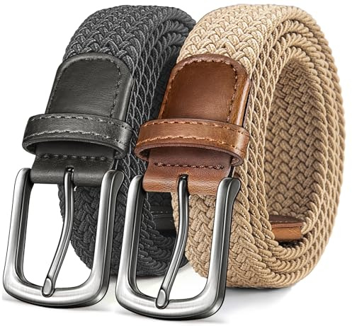 KEMISANT Gürtel Herren 2er, Elastischer Gürtel Golfgürtel 35mm(Beige/Dunkelgrau,140cm/52-56 taille verstellbar)