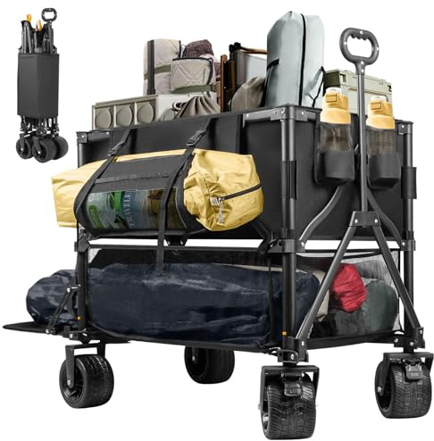 UNITON Double Decker Wagon 600lb Capacity & 400L Collapsible Sports Wagon with Big Wheels 54 Extended Utility Folding Cart for Camping Fishing & Outdoor Use