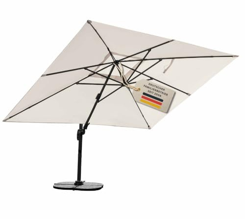 RS Trade Sonnenschirm Ampelschirm 3x4m groß rechteckig, mit Windsicherung, Ständer und Schutzhülle, drehbar neigbar kippbar mit Kurbel, windstabil für Garten Terrasse Balkon Gastronomie, sandhell