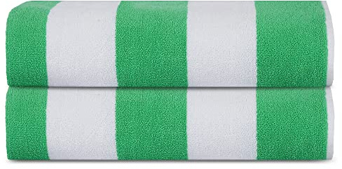 Sweet Needle Strandhanddukar för vuxna Paket med 2 – grön-vit cabana randig klassisk – 100 % bomullsfrotté ringspunnen poolhandduk, snabbtorkande, superabsorberande stor badhandduk, 100 x 150