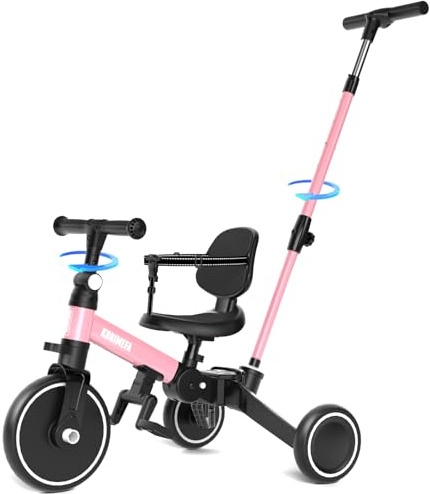 KORIMEFA 6 IN 1 Kinder Drerad Laufrad ab 1 Jahr mit höhenverstellbarer Schubstange, Sicherheitsgurt, faltbares Kinderdreirad Lauflernrad Lauffahrrad Lauflernhilfe für Kinder 1-4 Jahre (Rosa)